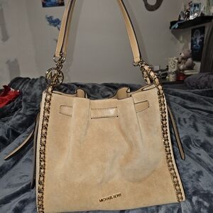 Michael Kors Beige Suede Chain-Trim Shoulder Bag
